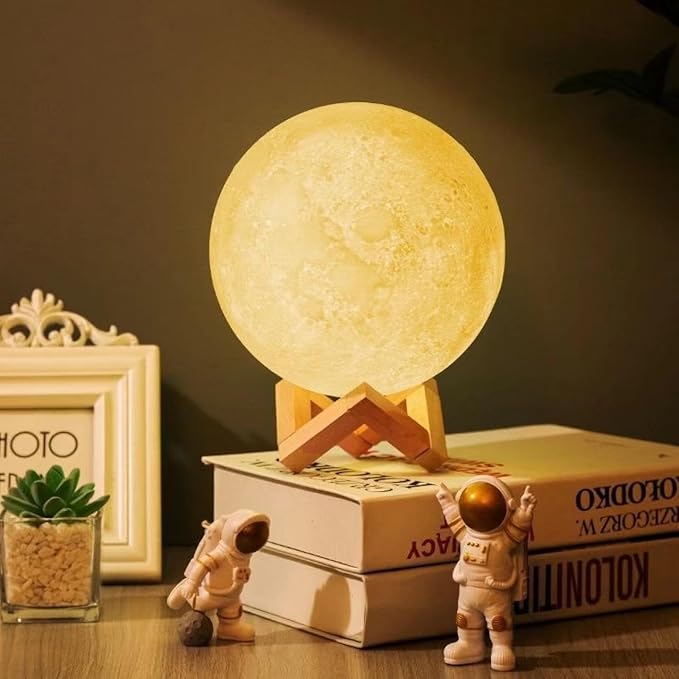 3D Moon Lamp 15cm with Wooden Stand | 7 Color Changing LED Touch Sensor Night Light | USB Rechargeable Moonlight Table Lamp for Bedroom, Kids, Home Décor, and Festival Gifts, valentine gift, couple gift, gift for couple,