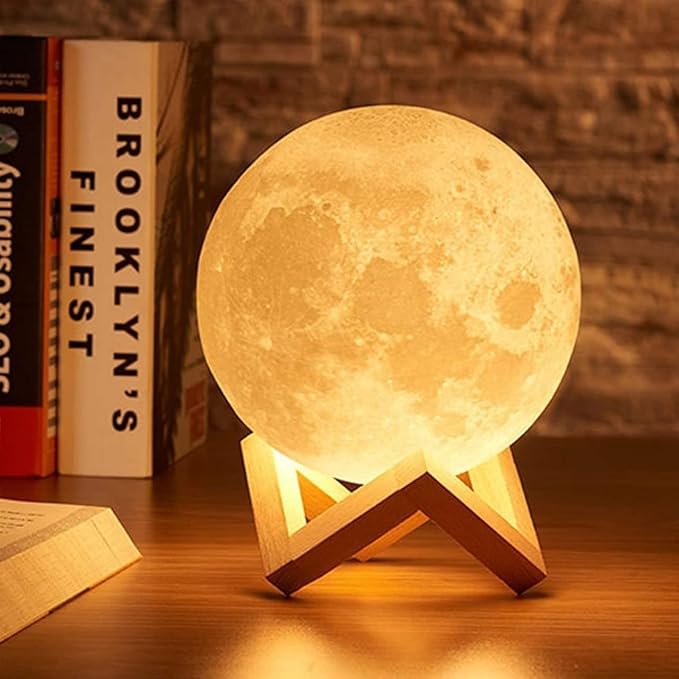 3D Moon Lamp 15cm with Wooden Stand | 7 Color Changing LED Touch Sensor Night Light | USB Rechargeable Moonlight Table Lamp for Bedroom, Kids, Home Décor, and Festival Gifts, valentine gift, couple gift, gift for couple,