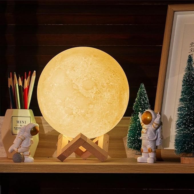 3D Moon Lamp 15cm with Wooden Stand | 7 Color Changing LED Touch Sensor Night Light | USB Rechargeable Moonlight Table Lamp for Bedroom, Kids, Home Décor, and Festival Gifts, valentine gift, couple gift, gift for couple,