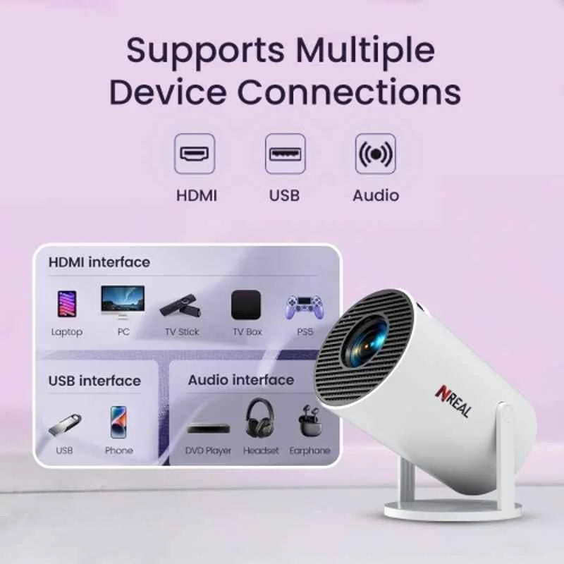 NReal Nova S 5000 Lumens Smart Mini Projector, 720p HD, 4K Support, Built-in Android, Stereo Speakers, Wi-Fi Bluetooth, Auto Wall Fit, Screen Mirroring