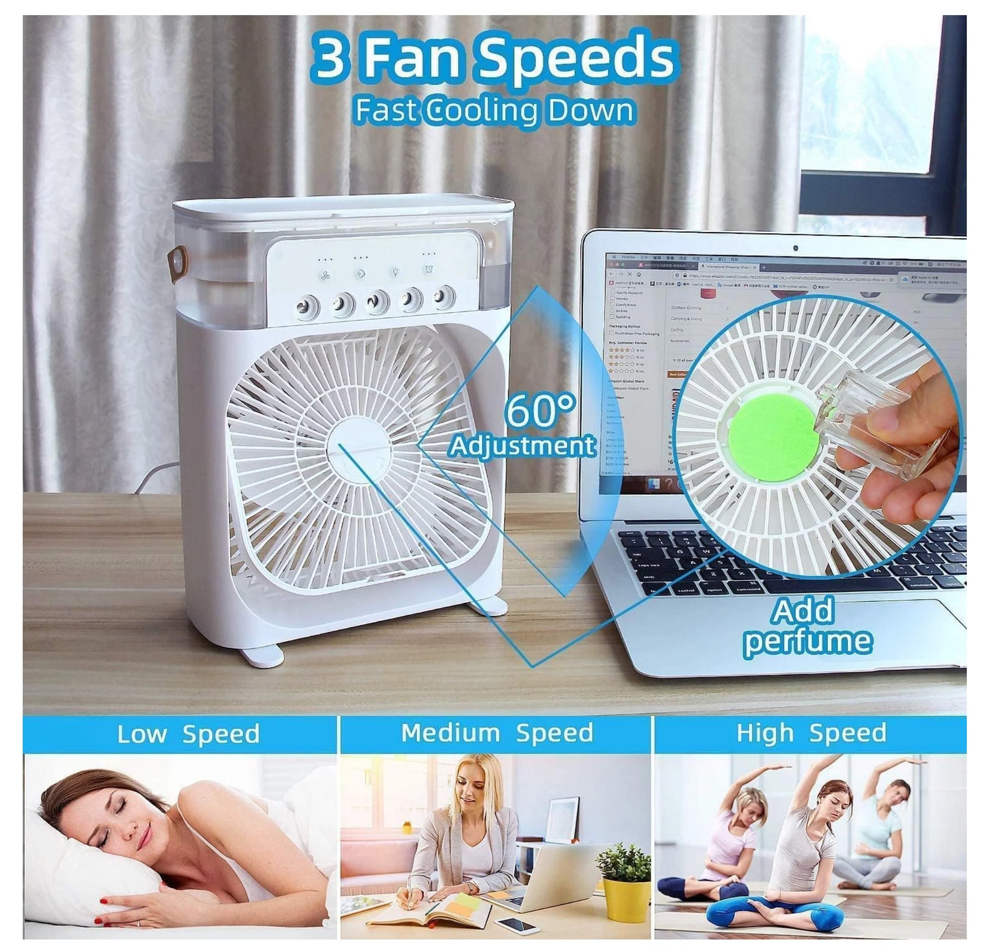 Air Conditioner Fan, Personal Mini Small Evaporative Air Cooler Desktop Cool Mist Humidifier with 7 Colors LED Light, 3 Speeds Modes for Room Office Home Travel - White_Multicolor
