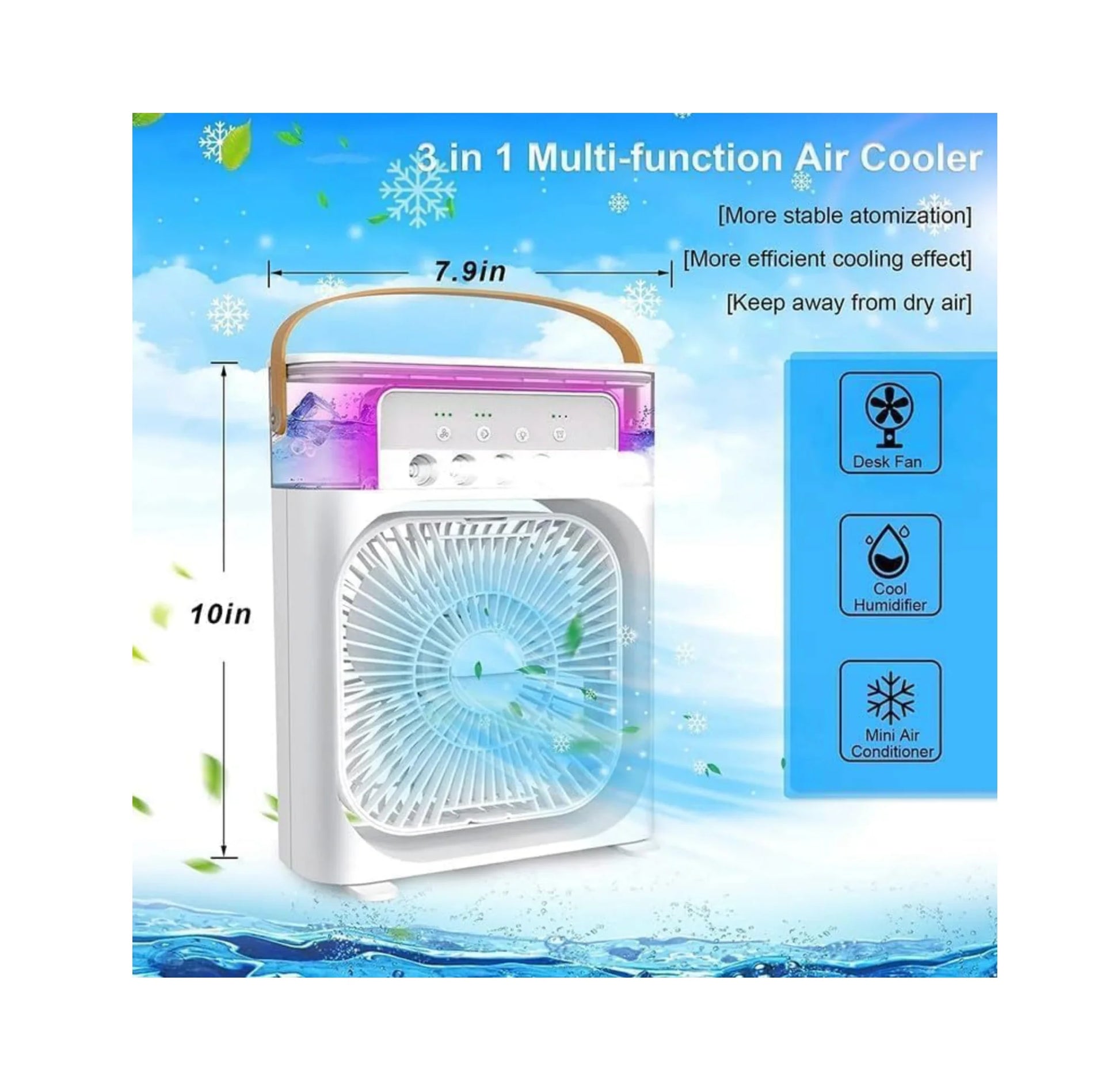 Air Conditioner Fan, Personal Mini Small Evaporative Air Cooler Desktop Cool Mist Humidifier with 7 Colors LED Light, 3 Speeds Modes for Room Office Home Travel - White_Multicolor